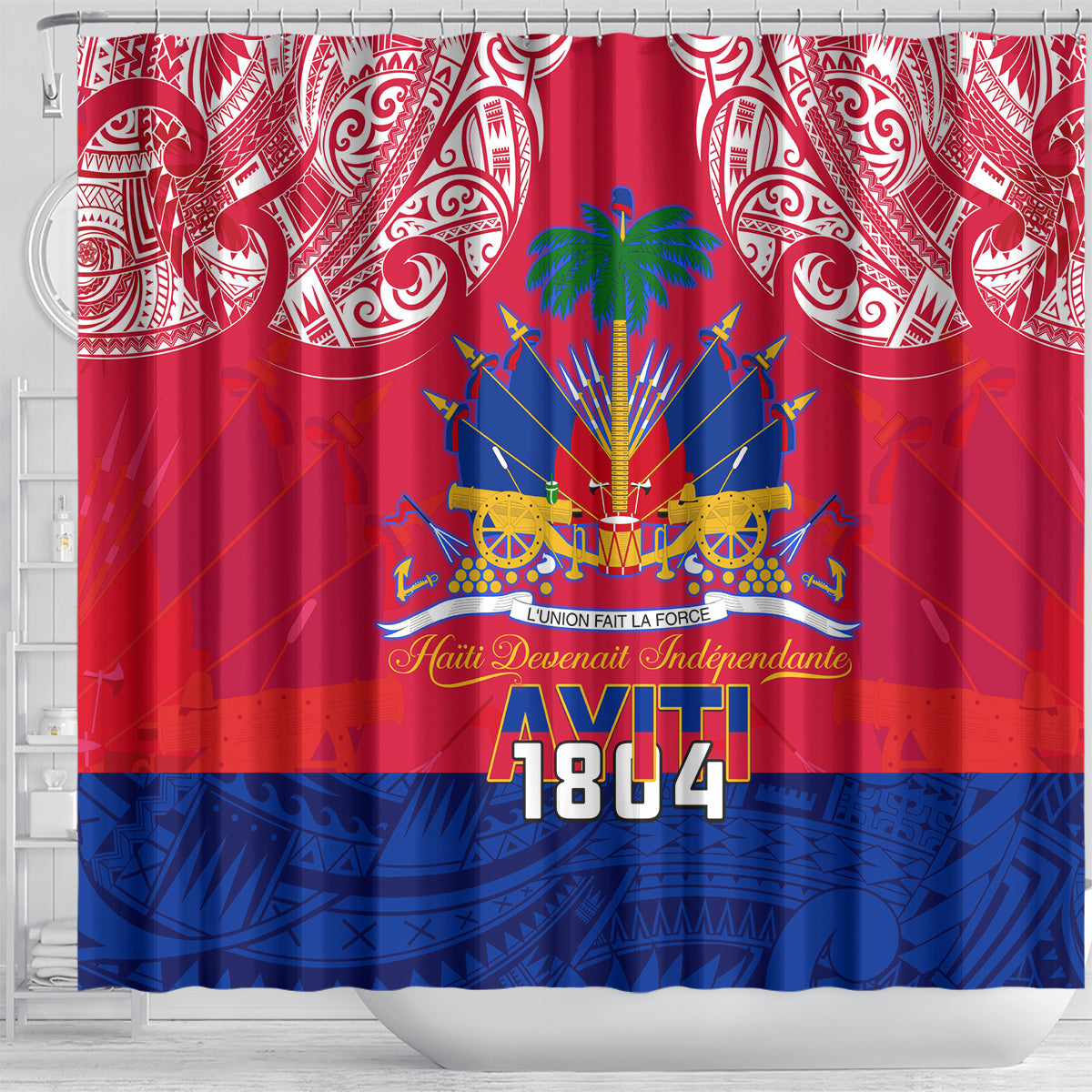 haiti-independence-day-shower-curtain-libete-egalite-fratenite-ayiti-1804-with-polynesian-pattern