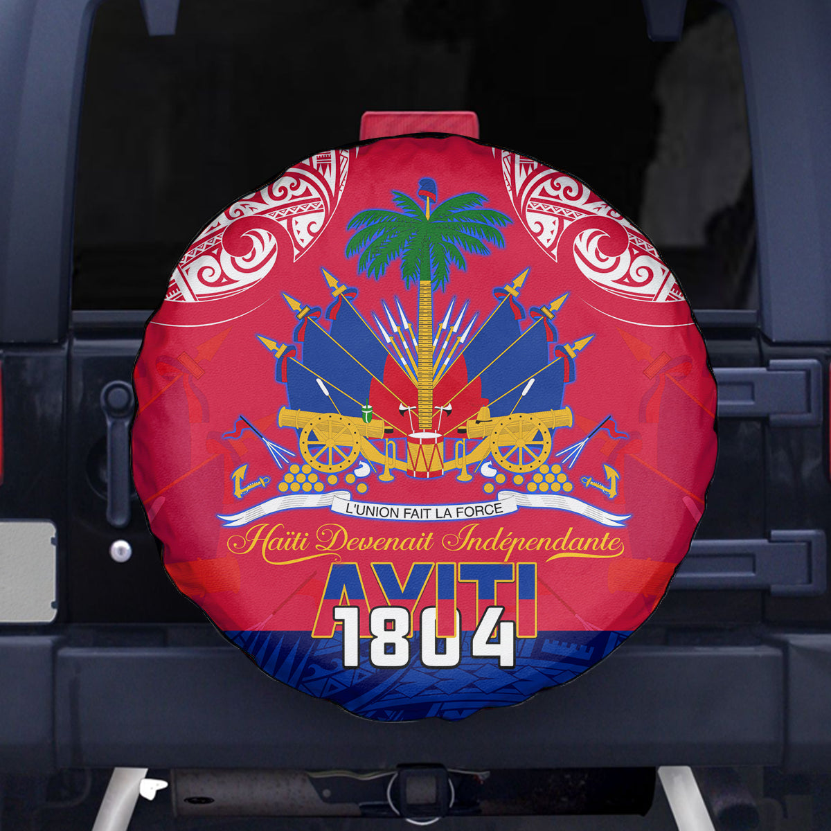 Haiti Independence Day Spare Tire Cover Libete Egalite Fratenite Ayiti 1804 With Polynesian Pattern - Wonder Print Shop
