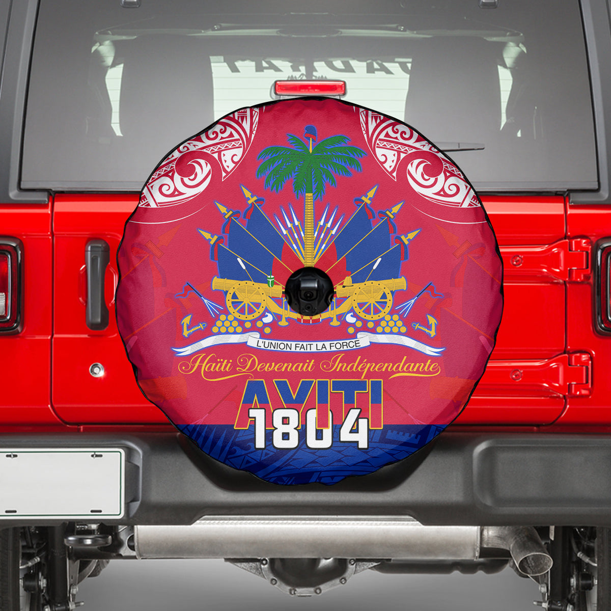 Haiti Independence Day Spare Tire Cover Libete Egalite Fratenite Ayiti 1804 With Polynesian Pattern - Wonder Print Shop