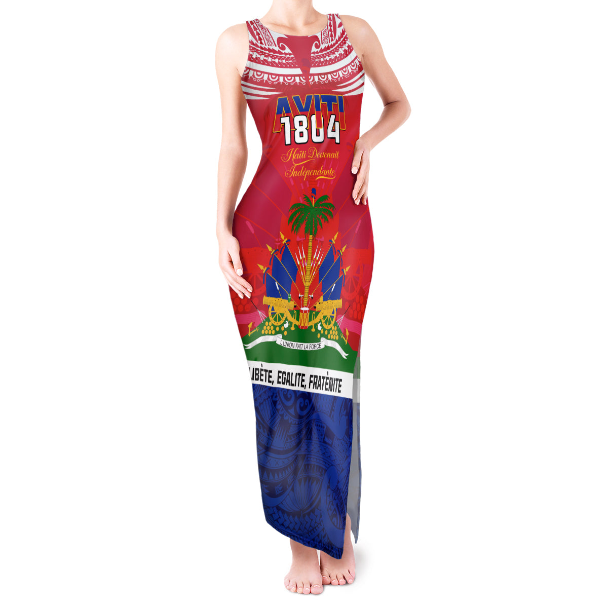 Haiti Independence Day Tank Maxi Dress Libete Egalite Fratenite Ayiti 1804 With Polynesian Pattern - Wonder Print Shop