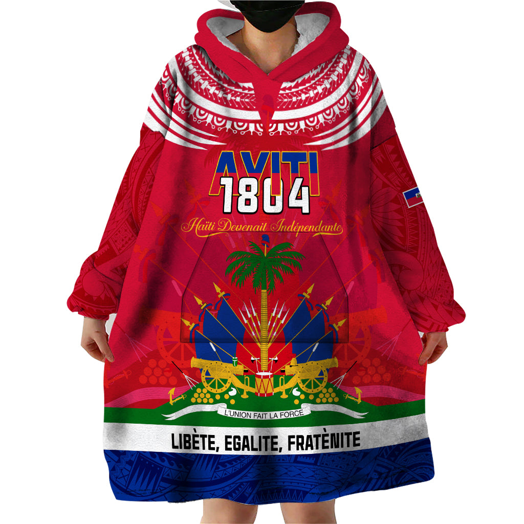 Haiti Independence Day Wearable Blanket Hoodie Libete Egalite Fratenite Ayiti 1804 With Polynesian Pattern - Wonder Print Shop