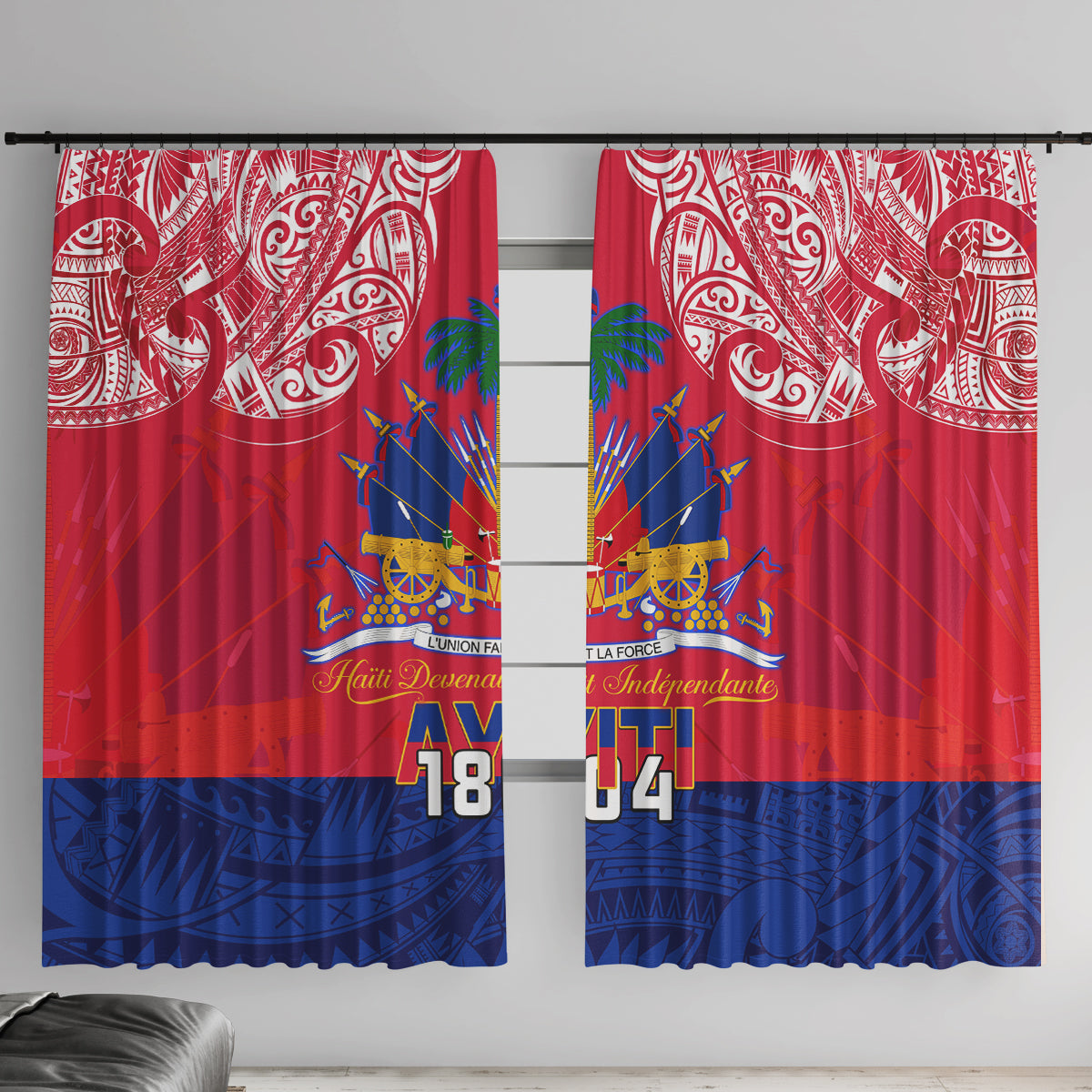 Haiti Independence Day Window Curtain Libete Egalite Fratenite Ayiti 1804 With Polynesian Pattern - Wonder Print Shop