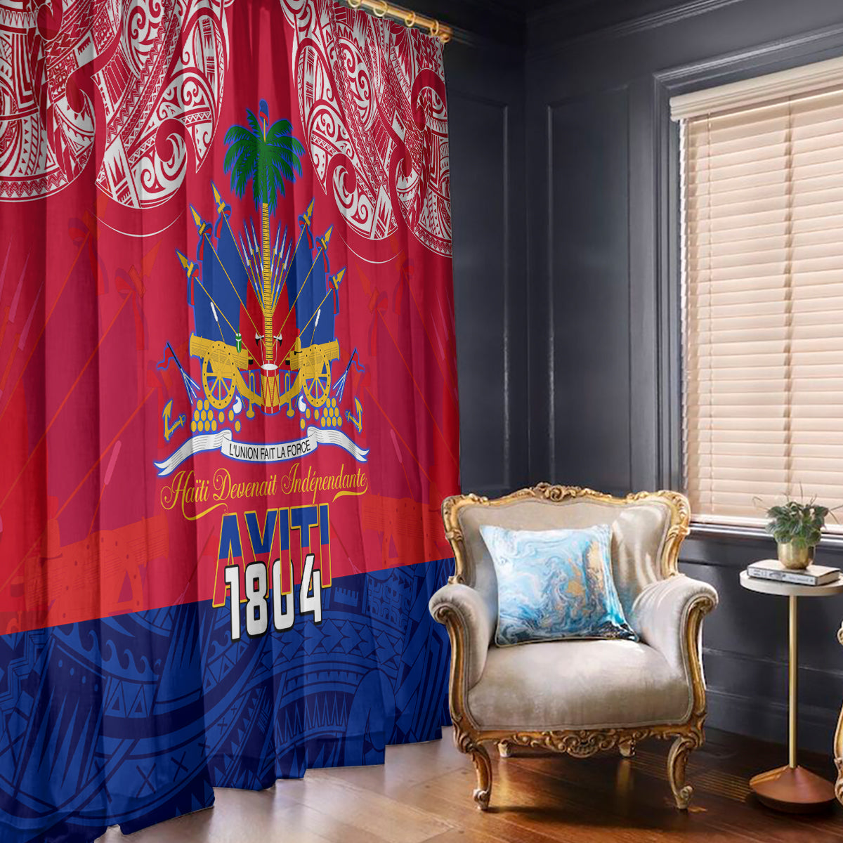 Haiti Independence Day Window Curtain Libete Egalite Fratenite Ayiti 1804 With Polynesian Pattern - Wonder Print Shop
