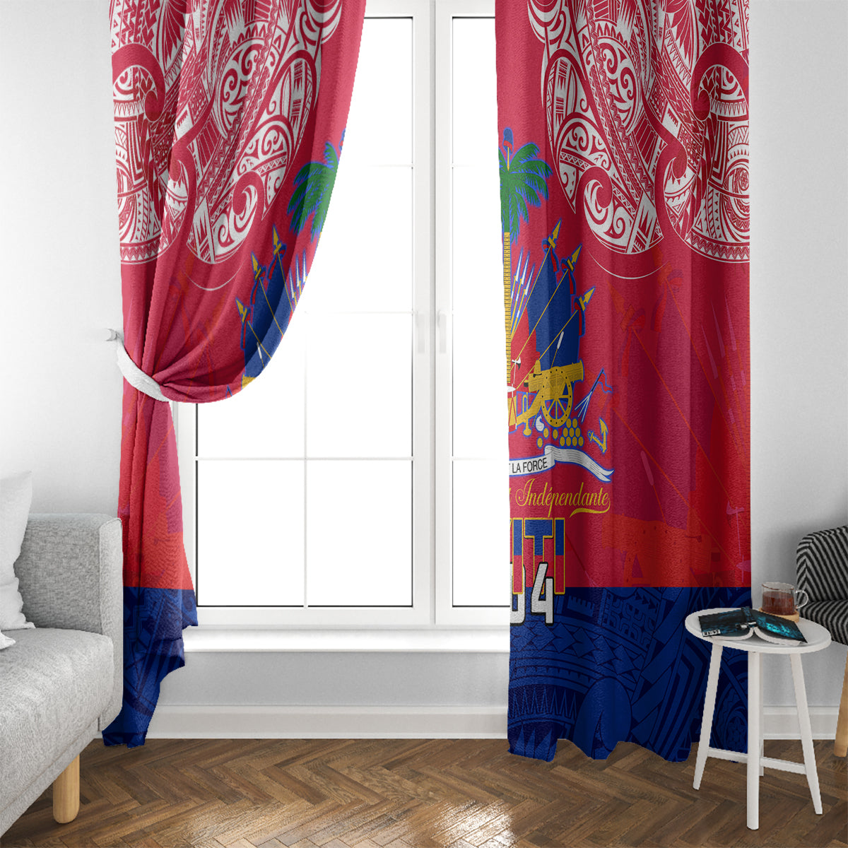 Haiti Independence Day Window Curtain Libete Egalite Fratenite Ayiti 1804 With Polynesian Pattern - Wonder Print Shop
