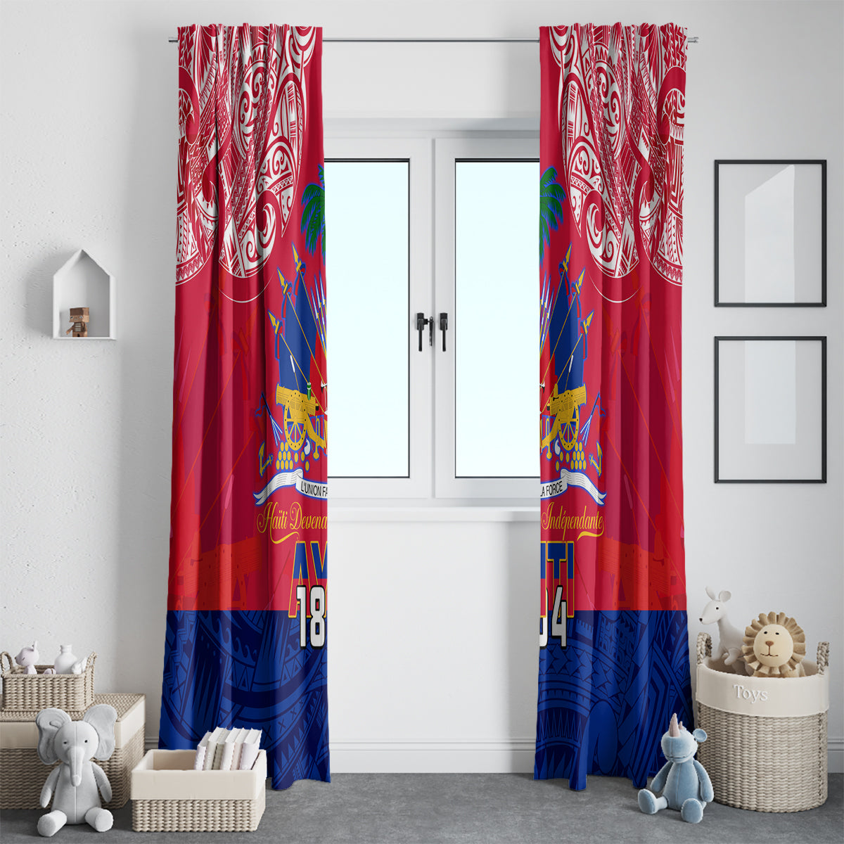 Haiti Independence Day Window Curtain Libete Egalite Fratenite Ayiti 1804 With Polynesian Pattern - Wonder Print Shop
