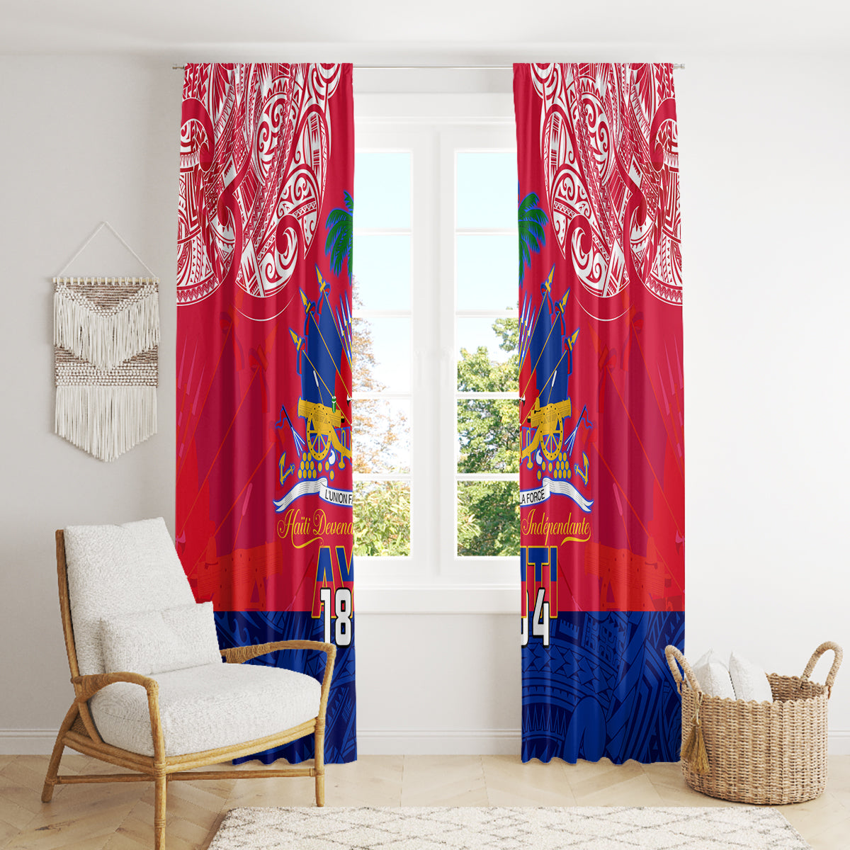 Haiti Independence Day Window Curtain Libete Egalite Fratenite Ayiti 1804 With Polynesian Pattern - Wonder Print Shop