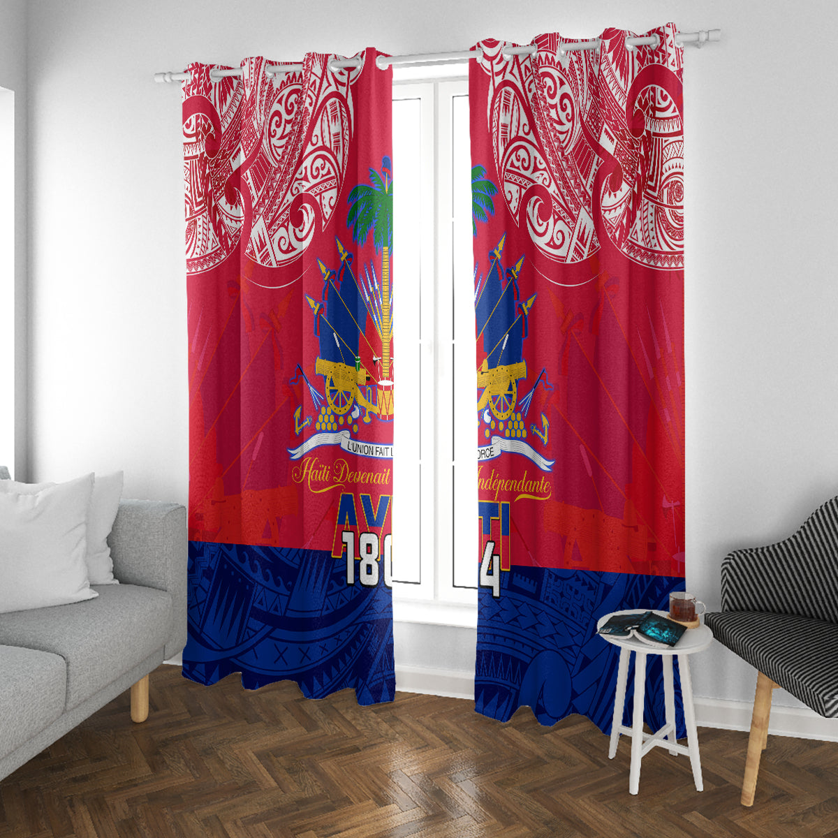 Haiti Independence Day Window Curtain Libete Egalite Fratenite Ayiti 1804 With Polynesian Pattern - Wonder Print Shop