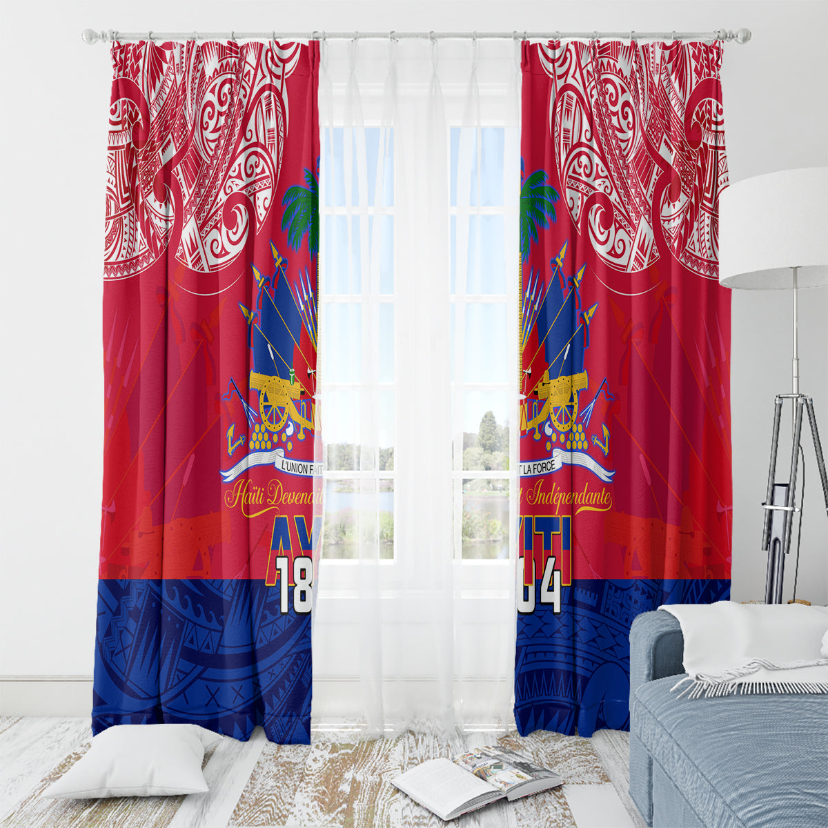 Haiti Independence Day Window Curtain Libete Egalite Fratenite Ayiti 1804 With Polynesian Pattern - Wonder Print Shop