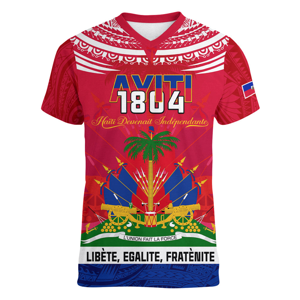 Haiti Independence Day Women V Neck T Shirt Libete Egalite Fratenite Ayiti 1804 With Polynesian Pattern - Wonder Print Shop