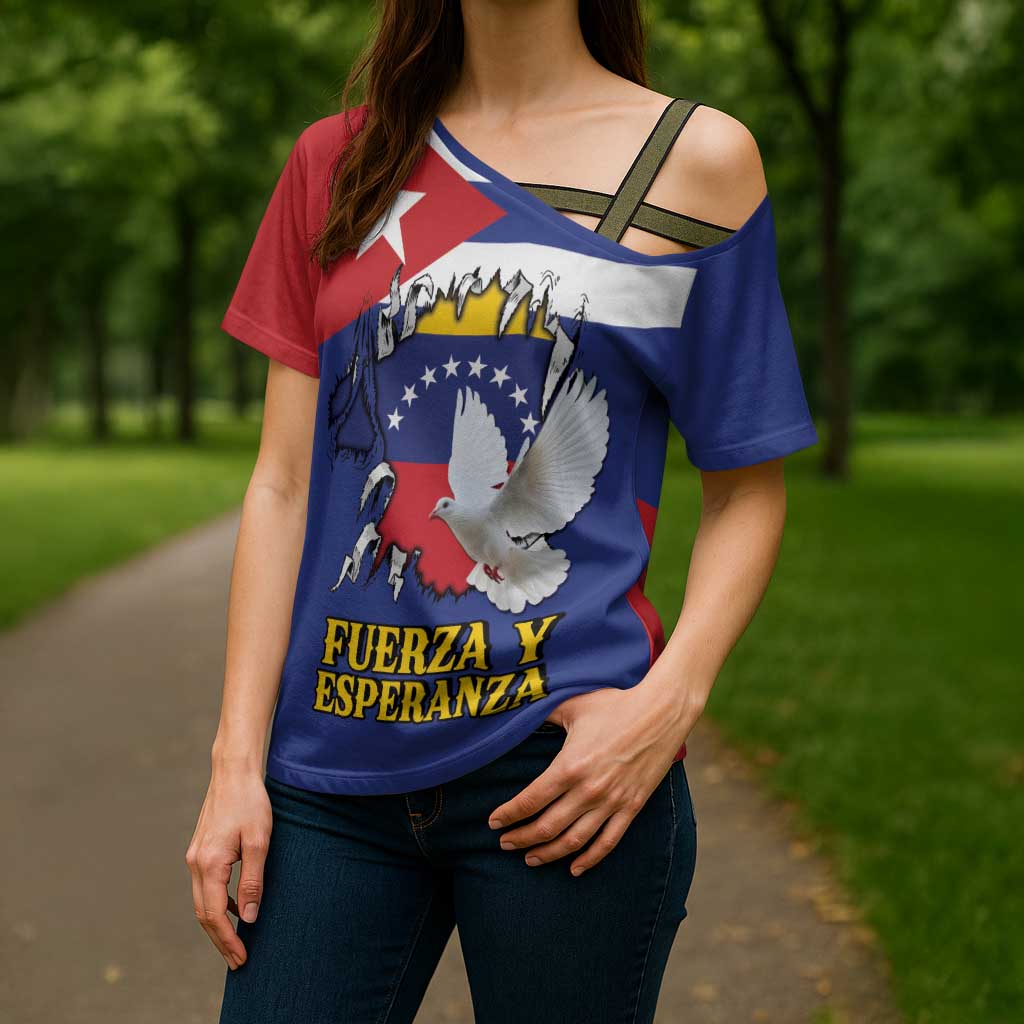Personalized Cuba Venezuela Cross Shoulder Shirt Fuerza Y Esperanza - Wonder Print Shop