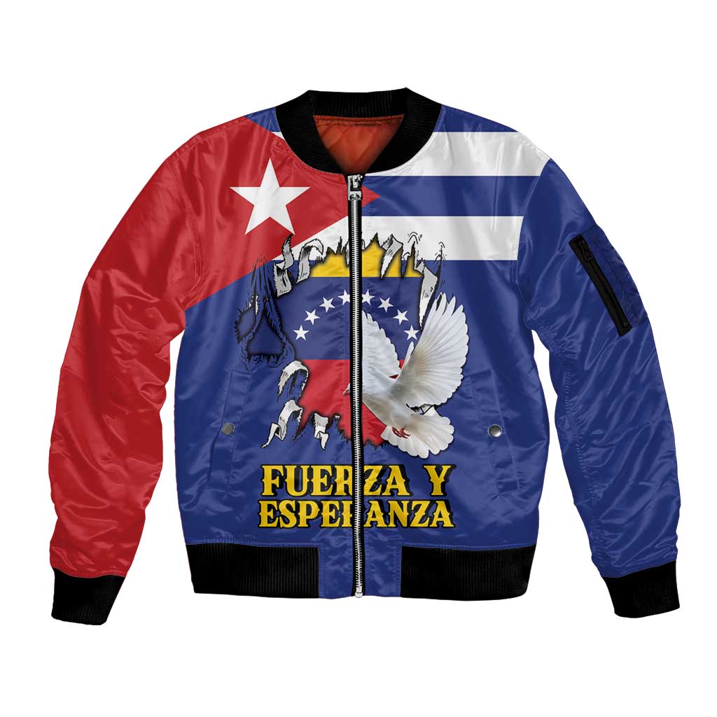 Personalized Cuba Venezuela Sleeve Zip Bomber Jacket Fuerza Y Esperanza - Wonder Print Shop