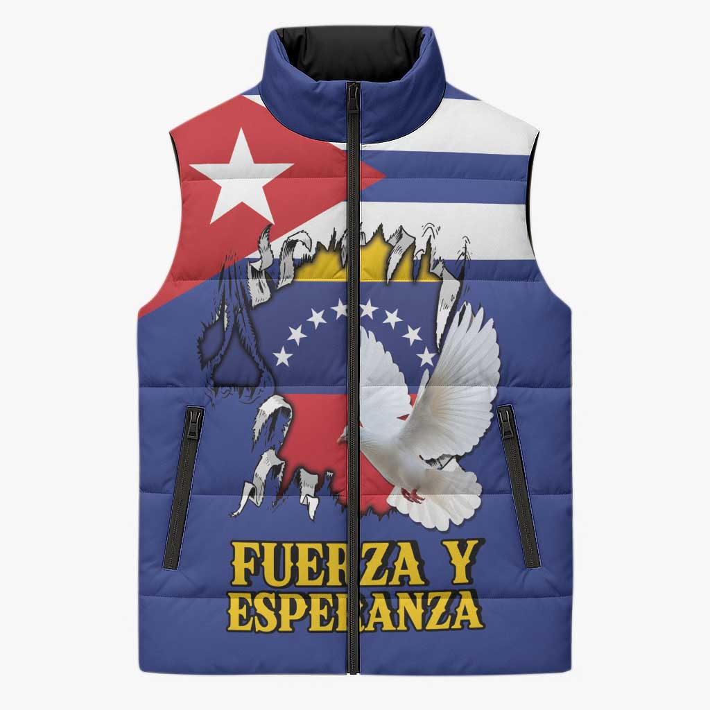 Personalized Cuba Venezuela Sleeveless Puffer Jacket Fuerza Y Esperanza - Wonder Print Shop