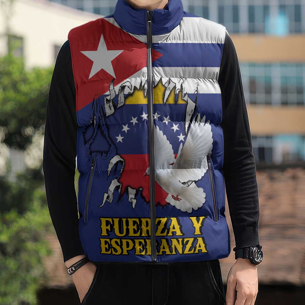 Personalized Cuba Venezuela Sleeveless Puffer Jacket Fuerza Y Esperanza - Wonder Print Shop
