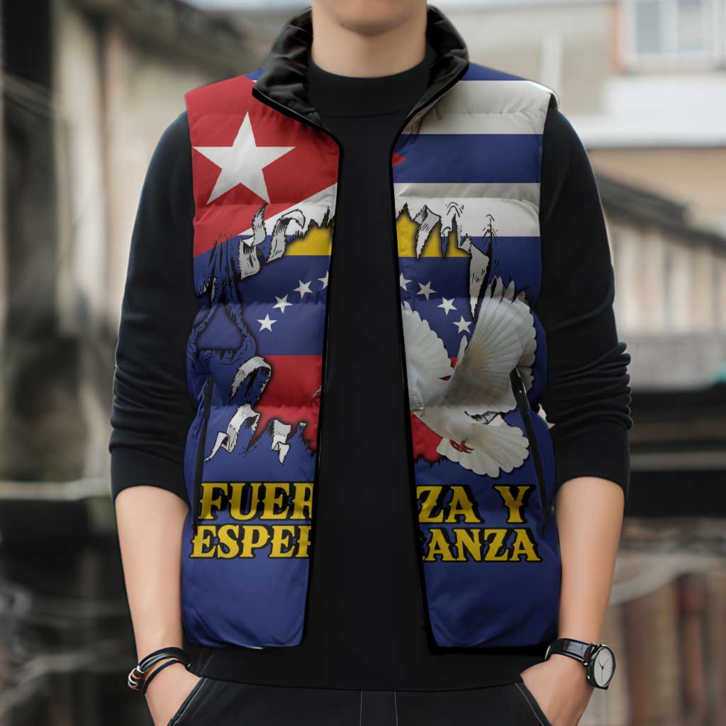 Personalized Cuba Venezuela Sleeveless Puffer Jacket Fuerza Y Esperanza - Wonder Print Shop