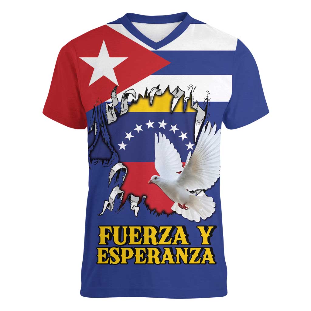 Personalized Cuba Venezuela Women V-Neck T-Shirt Fuerza Y Esperanza - Wonder Print Shop