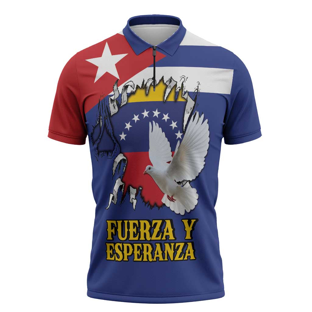 Personalized Cuba Venezuela Zipper Polo Shirt Fuerza Y Esperanza - Wonder Print Shop