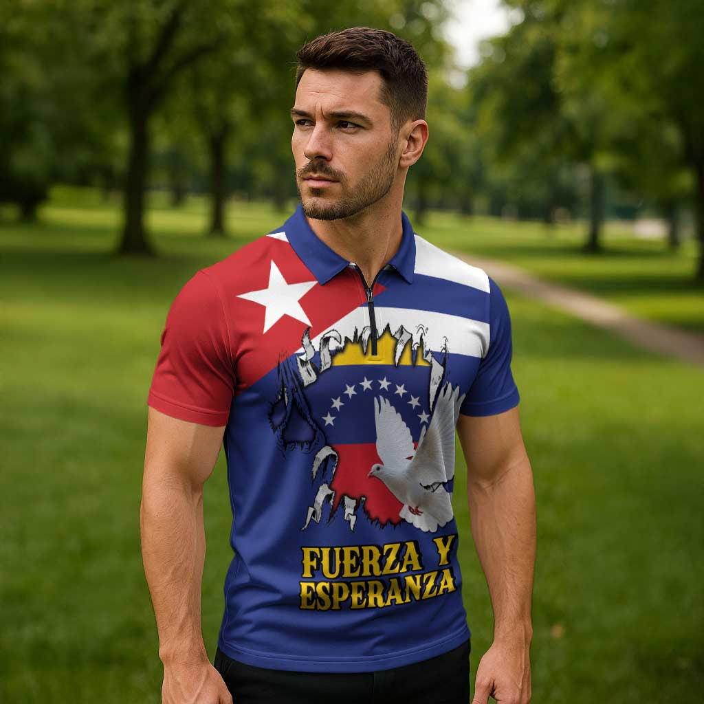 Personalized Cuba Venezuela Zipper Polo Shirt Fuerza Y Esperanza - Wonder Print Shop