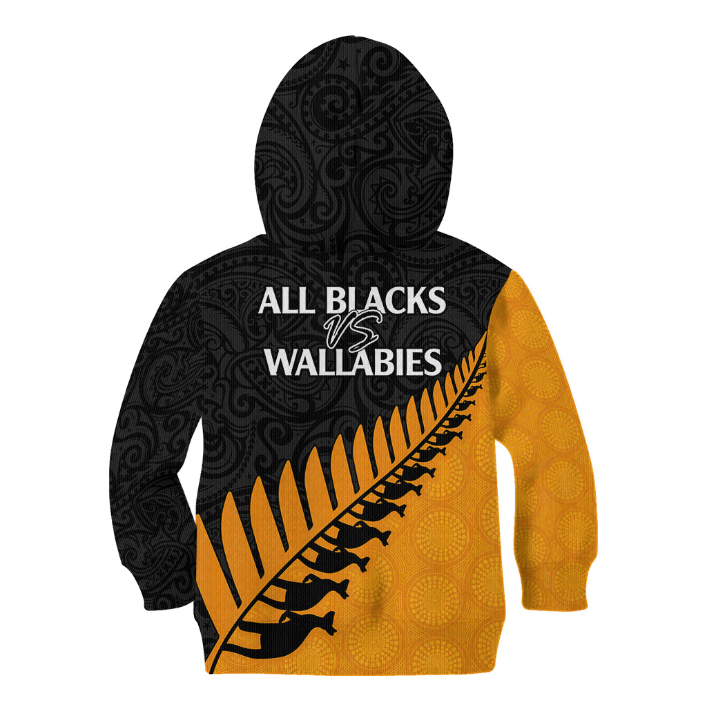 Australia Wallabies and Aotearoa Rugby Kid Hoodie Kangaroo Black Fern Maori Gold Vibe - Wonder Print Shop