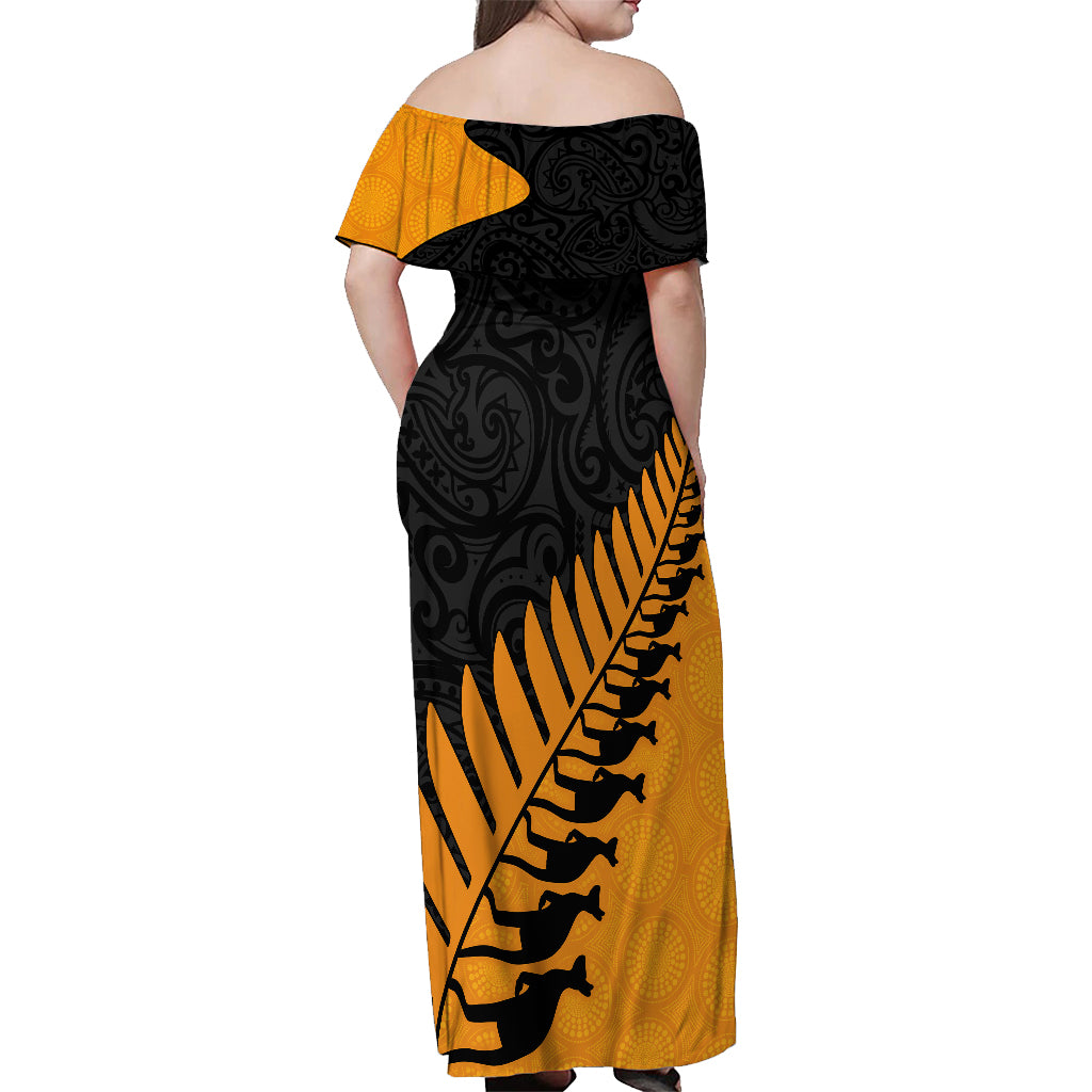 Australia Wallabies and Aotearoa Rugby Off Shoulder Maxi Dress Kangaroo Black Fern Maori Gold Vibe - Wonder Print Shop