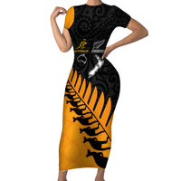 Australia Wallabies and Aotearoa Rugby Short Sleeve Bodycon Dress Kangaroo Black Fern Maori Gold Vibe - Wonder Print Shop