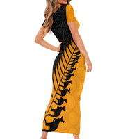 Australia Wallabies and Aotearoa Rugby Short Sleeve Bodycon Dress Kangaroo Black Fern Maori Gold Vibe - Wonder Print Shop