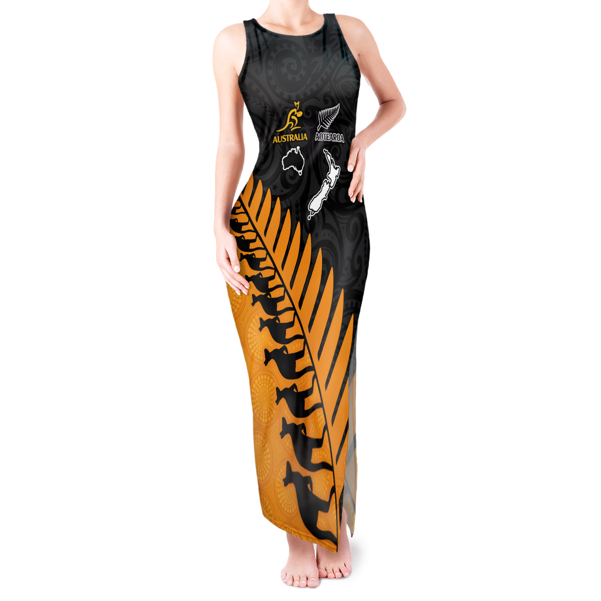 Australia Wallabies and Aotearoa Rugby Tank Maxi Dress Kangaroo Black Fern Maori Gold Vibe - Wonder Print Shop