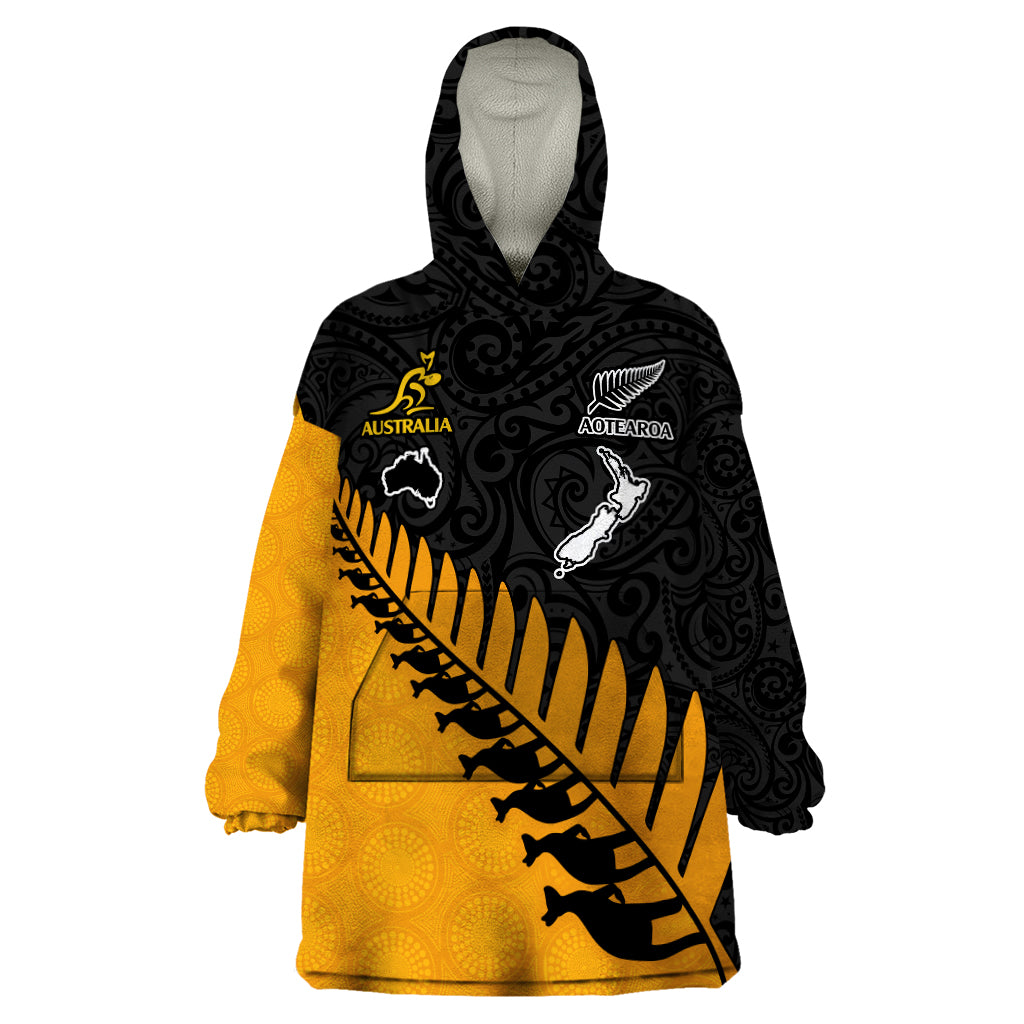 Australia Wallabies and Aotearoa Rugby Wearable Blanket Hoodie Kangaroo Black Fern Maori Gold Vibe - Wonder Print Shop