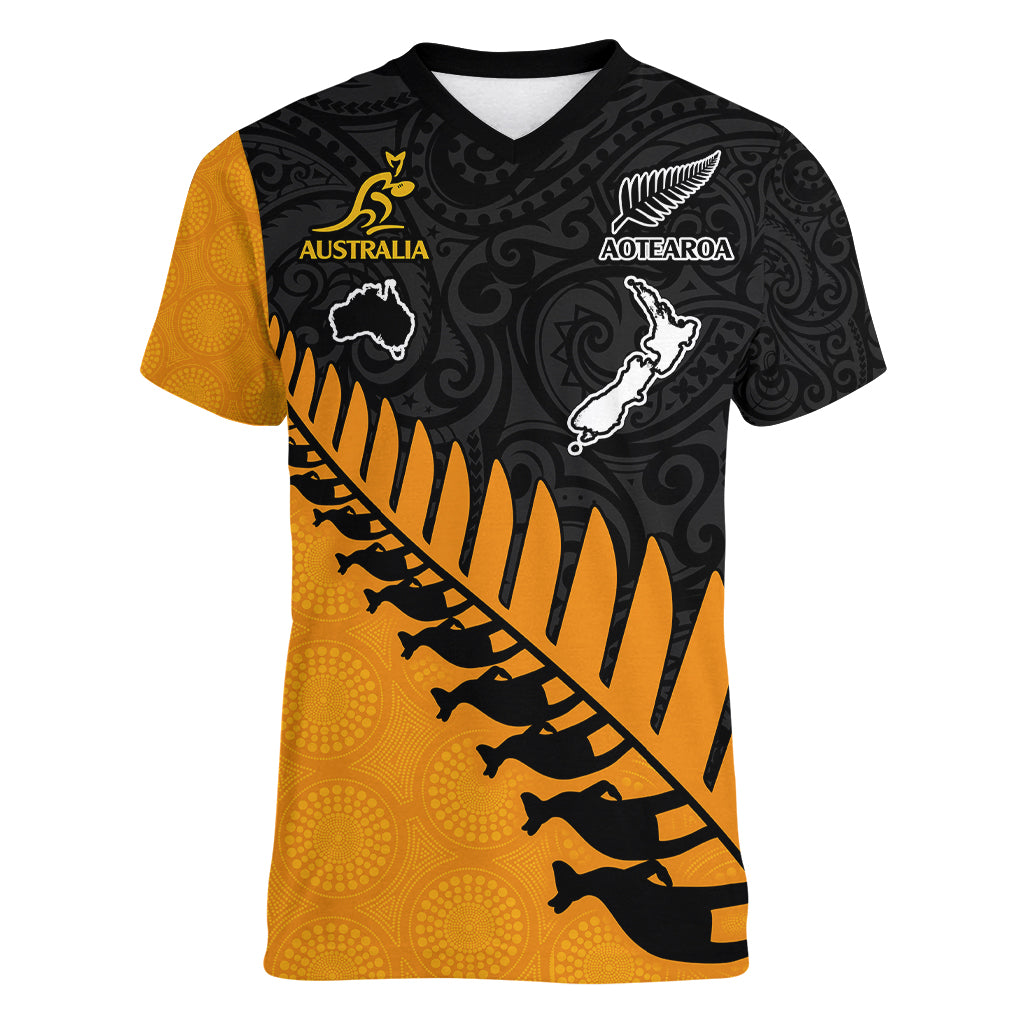 Australia Wallabies and Aotearoa Rugby Women V Neck T Shirt Kangaroo Black Fern Maori Gold Vibe - Wonder Print Shop