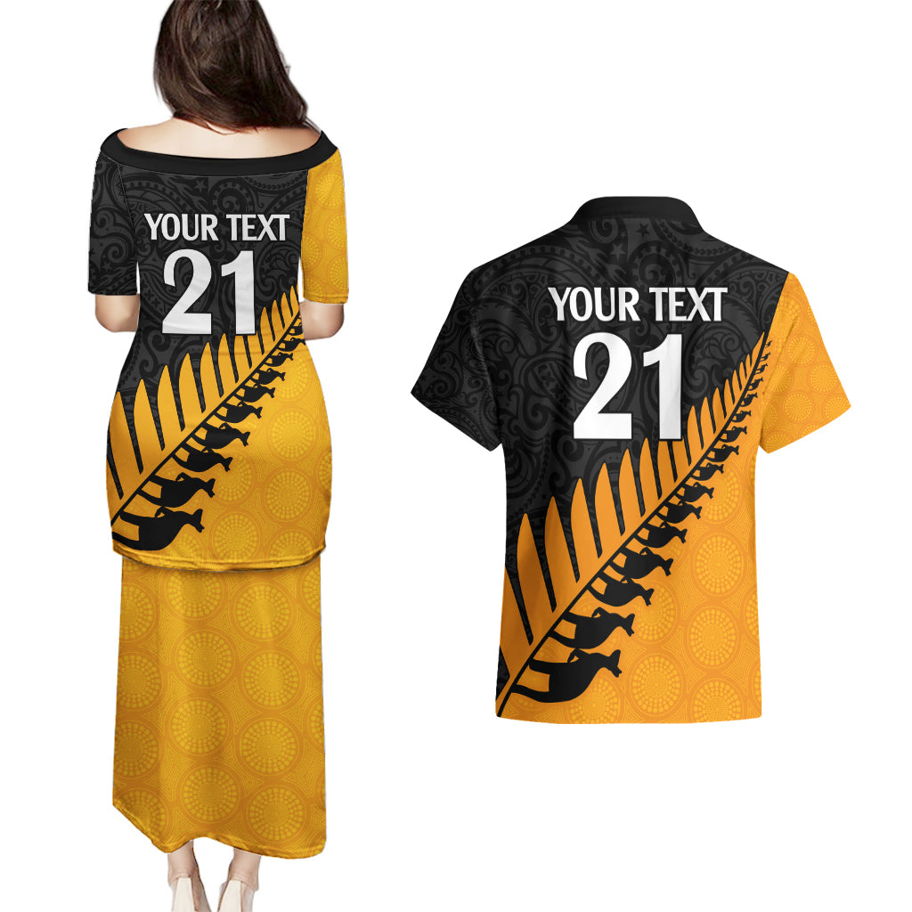 Custom Australia Wallabies and Aotearoa Rugby Couples Matching Puletasi Dress and Hawaiian Shirt Kangaroo Black Fern Maori Gold Vibe LT9 - Wonder Print Shop
