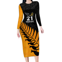 Custom Australia Wallabies and Aotearoa Rugby Long Sleeve Bodycon Dress Kangaroo Black Fern Maori Gold Vibe - Wonder Print Shop