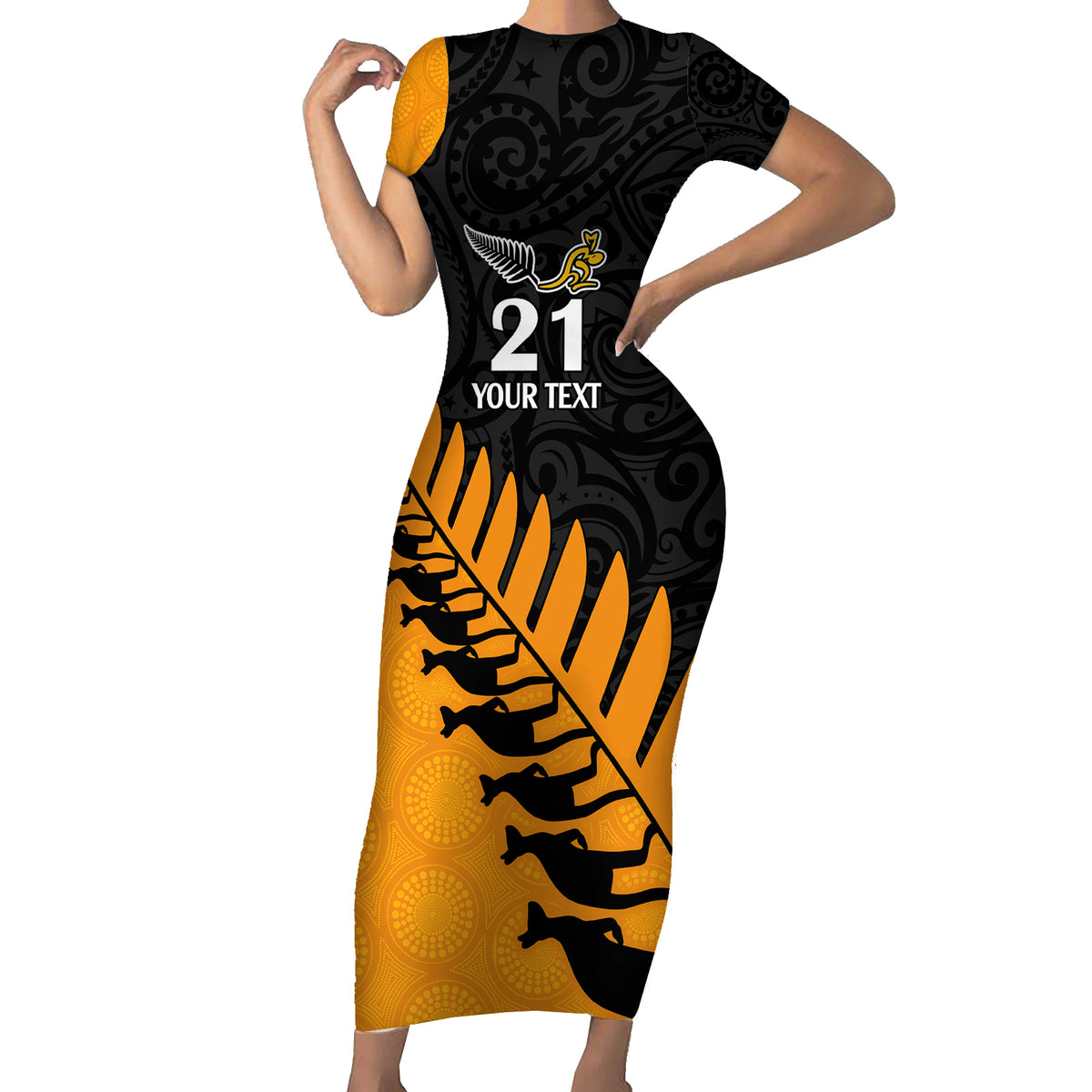 Custom Australia Wallabies and Aotearoa Rugby Short Sleeve Bodycon Dress Kangaroo Black Fern Maori Gold Vibe - Wonder Print Shop