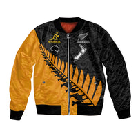 Custom Australia Wallabies and Aotearoa Rugby Sleeve Zip Bomber Jacket Kangaroo Black Fern Maori Gold Vibe - Wonder Print Shop