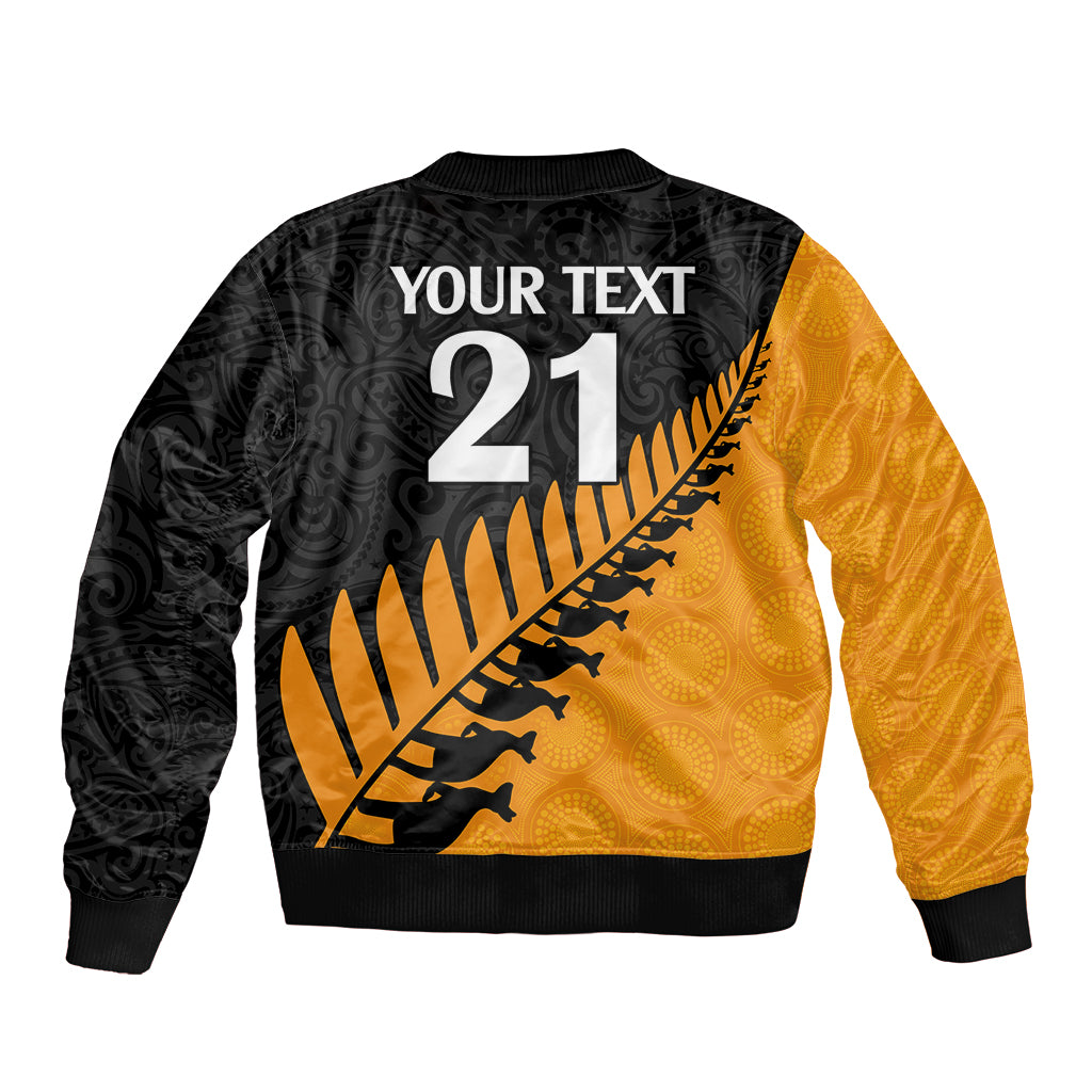 Custom Australia Wallabies and Aotearoa Rugby Sleeve Zip Bomber Jacket Kangaroo Black Fern Maori Gold Vibe - Wonder Print Shop