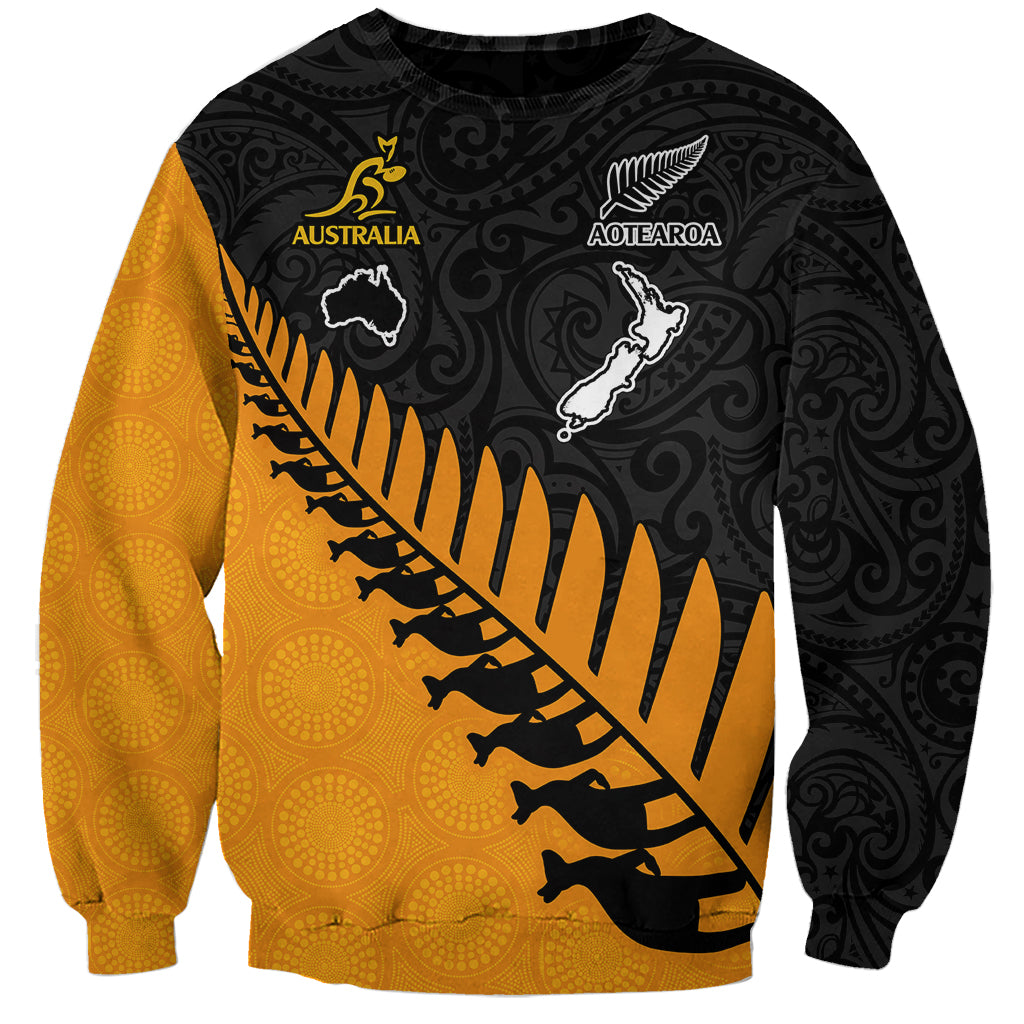 Custom Australia Wallabies and Aotearoa Rugby Sweatshirt Kangaroo Black Fern Maori Gold Vibe - Wonder Print Shop