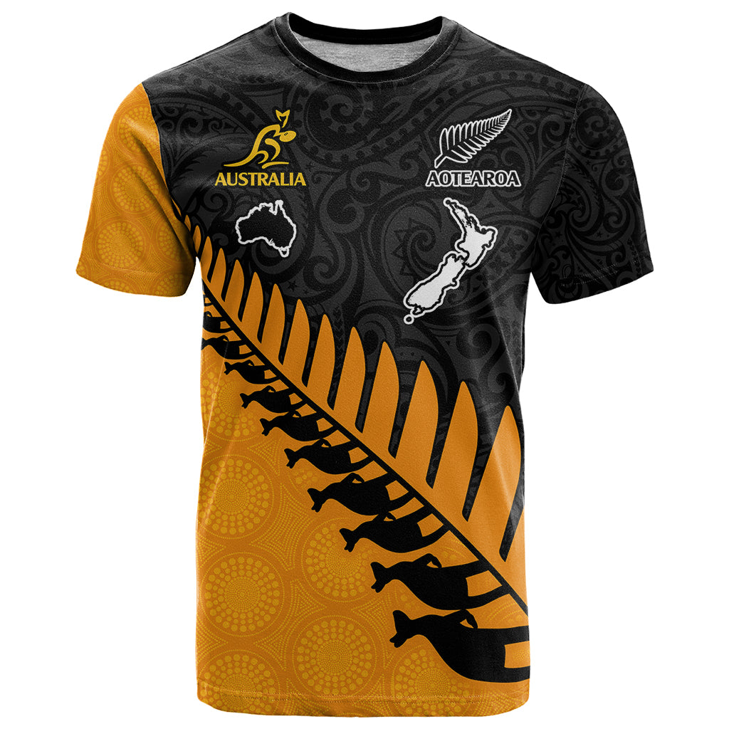 Custom Australia Wallabies and Aotearoa Rugby T Shirt Kangaroo Black Fern Maori Gold Vibe - Wonder Print Shop