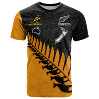Custom Australia Wallabies and Aotearoa Rugby T Shirt Kangaroo Black Fern Maori Gold Vibe - Wonder Print Shop