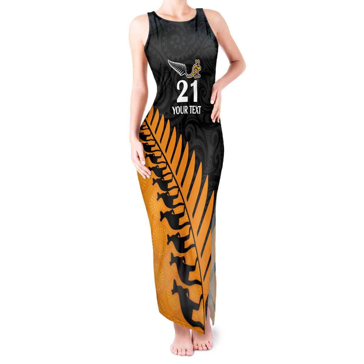Custom Australia Wallabies and Aotearoa Rugby Tank Maxi Dress Kangaroo Black Fern Maori Gold Vibe - Wonder Print Shop