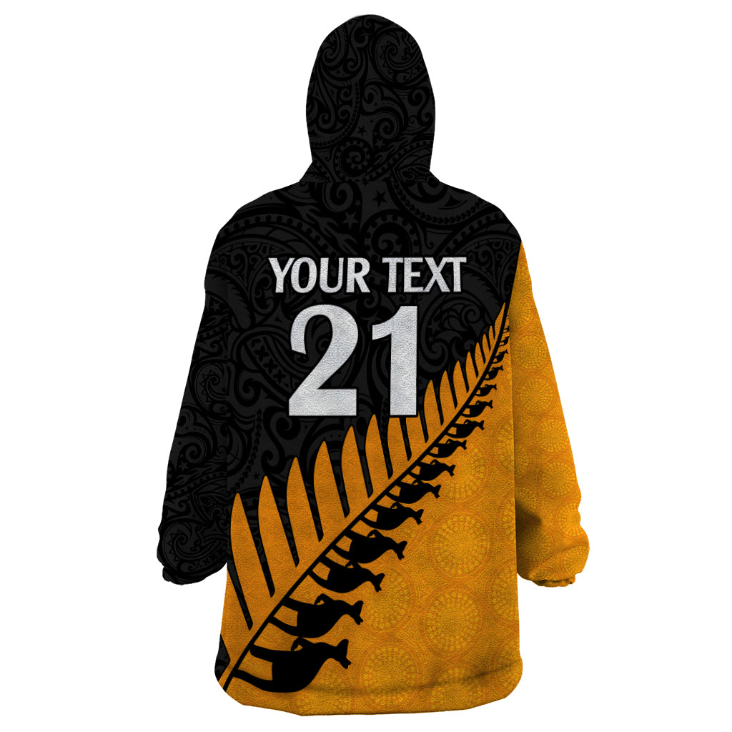 Custom Australia Wallabies and Aotearoa Rugby Wearable Blanket Hoodie Kangaroo Black Fern Maori Gold Vibe - Wonder Print Shop