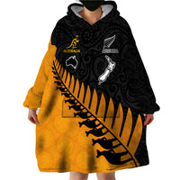 Custom Australia Wallabies and Aotearoa Rugby Wearable Blanket Hoodie Kangaroo Black Fern Maori Gold Vibe - Wonder Print Shop