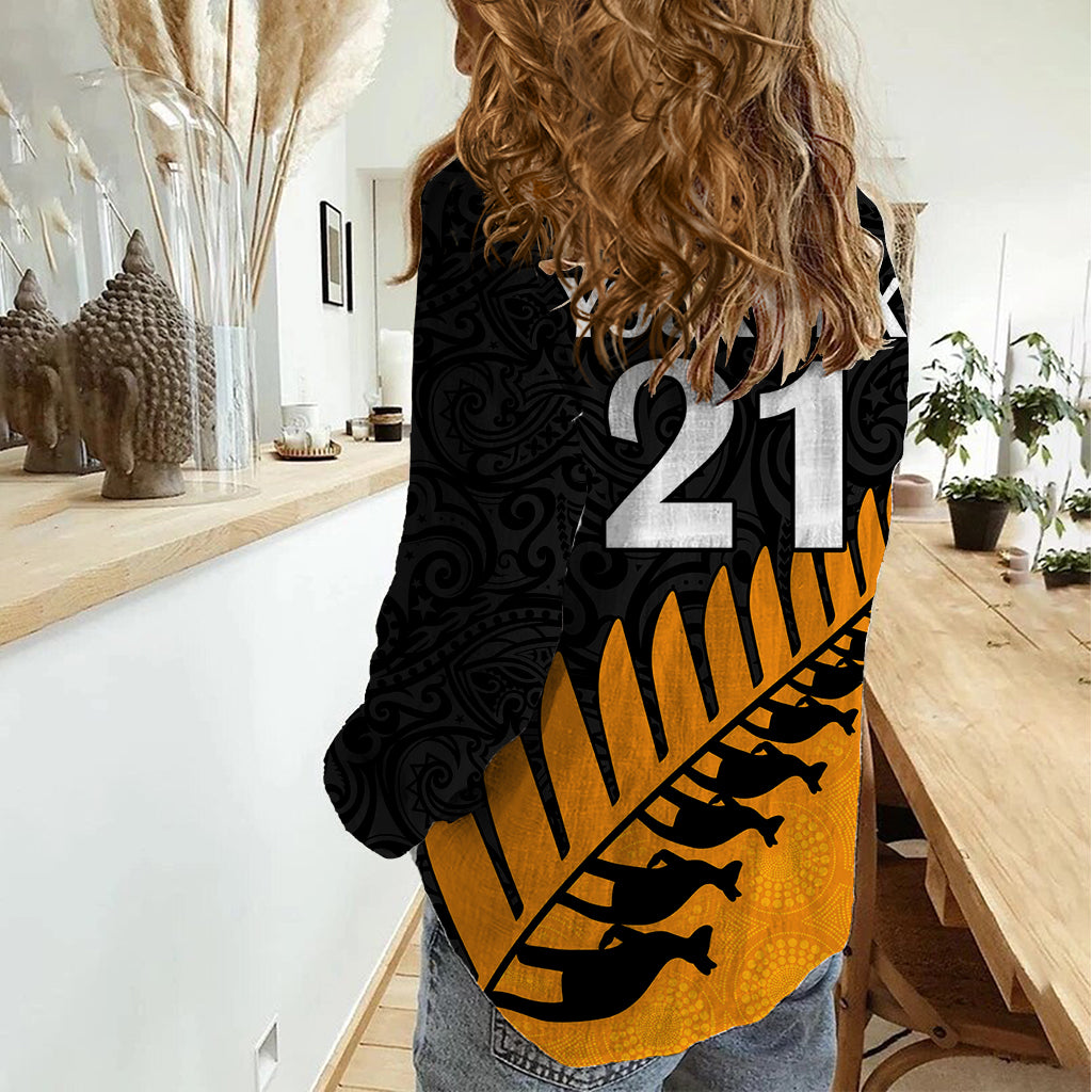 Custom Australia Wallabies and Aotearoa Rugby Women Casual Shirt Kangaroo Black Fern Maori Gold Vibe - Wonder Print Shop