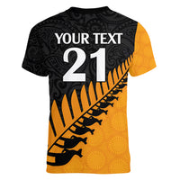 Custom Australia Wallabies and Aotearoa Rugby Women V Neck T Shirt Kangaroo Black Fern Maori Gold Vibe - Wonder Print Shop