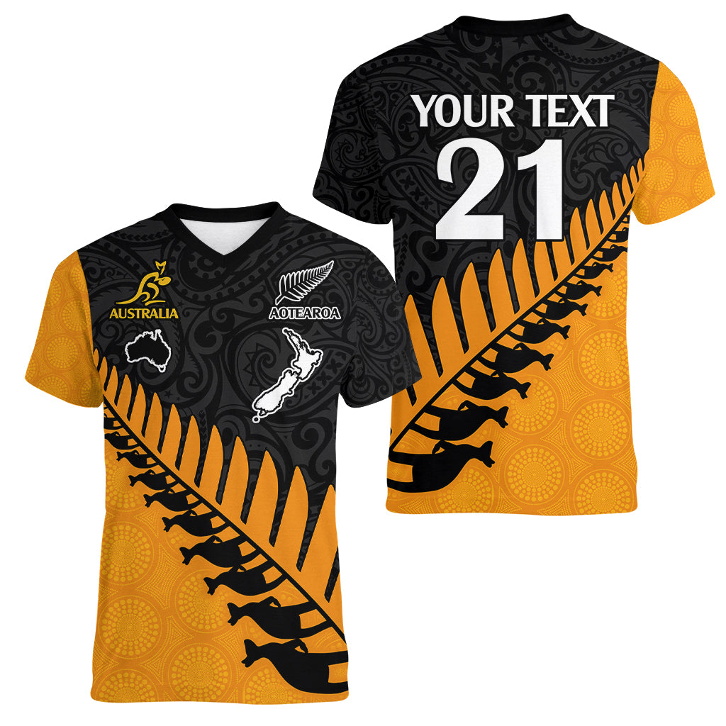 Custom Australia Wallabies and Aotearoa Rugby Women V Neck T Shirt Kangaroo Black Fern Maori Gold Vibe - Wonder Print Shop