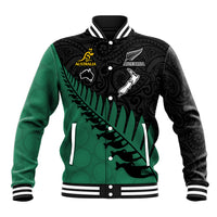 Australia Wallabies and Aotearoa Rugby Baseball Jacket Kangaroo Black Fern Maori Green Vibe LT9 - Wonder Print Shop