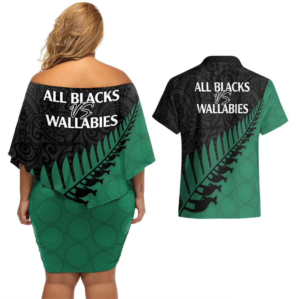 Australia Wallabies and Aotearoa Rugby Couples Matching Off Shoulder Short Dress and Hawaiian Shirt Kangaroo Black Fern Maori Green Vibe LT9 - Wonder Print Shop