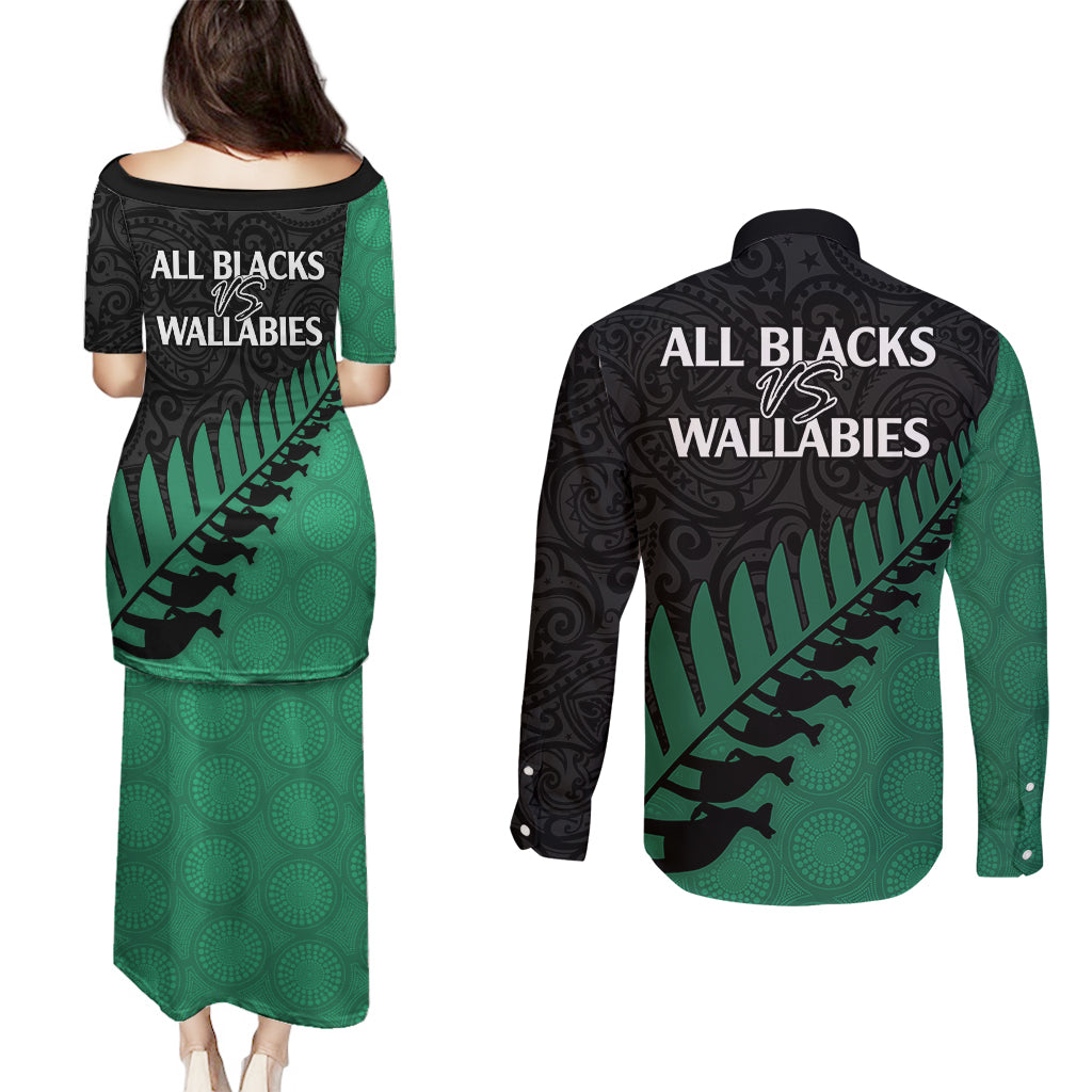 Australia Wallabies and Aotearoa Rugby Couples Matching Puletasi Dress and Long Sleeve Button Shirts Kangaroo Black Fern Maori Green Vibe LT9 - Wonder Print Shop