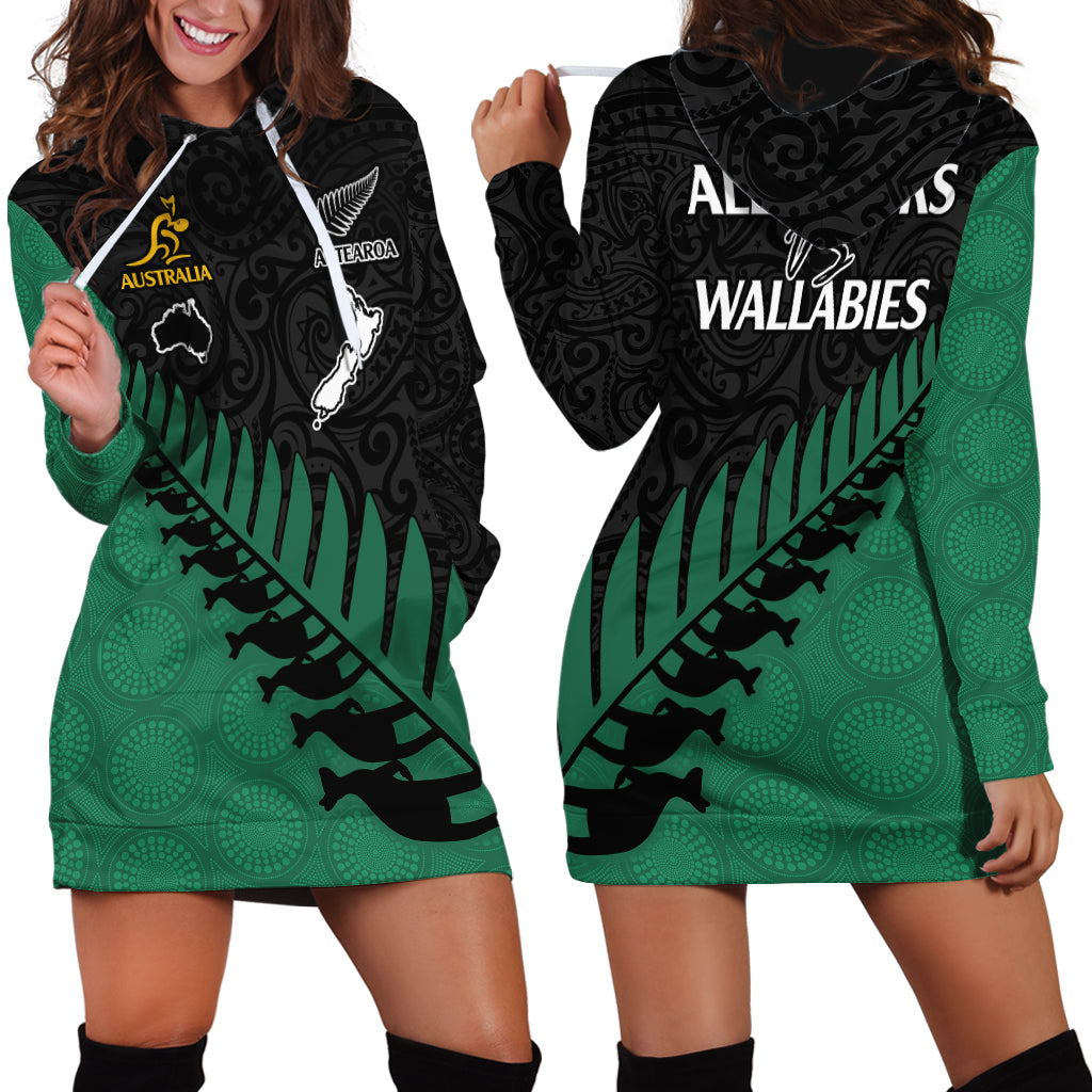 Australia Wallabies and Aotearoa Rugby Hoodie Dress Kangaroo Black Fern Maori Green Vibe - Wonder Print Shop