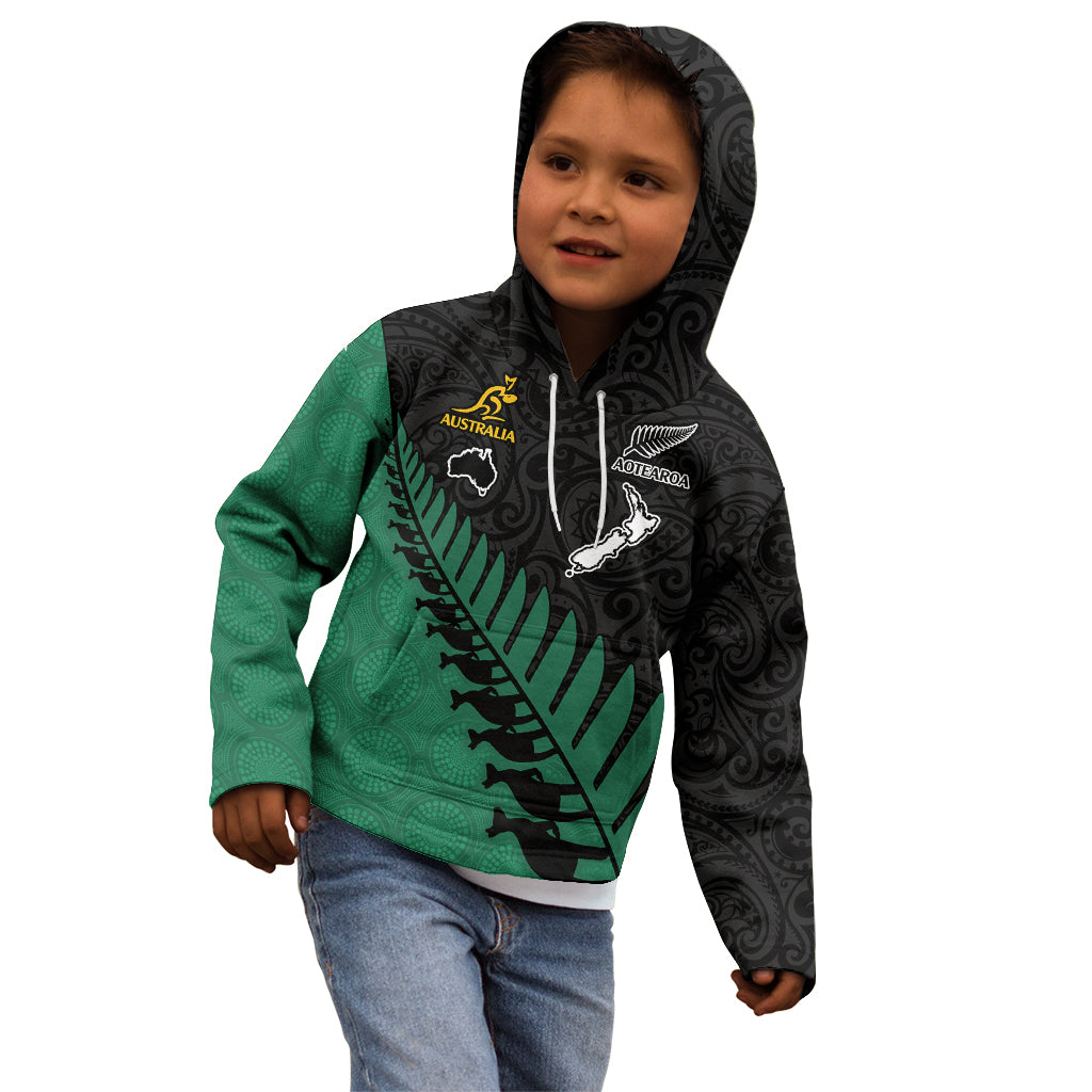 Australia Wallabies and Aotearoa Rugby Kid Hoodie Kangaroo Black Fern Maori Green Vibe - Wonder Print Shop