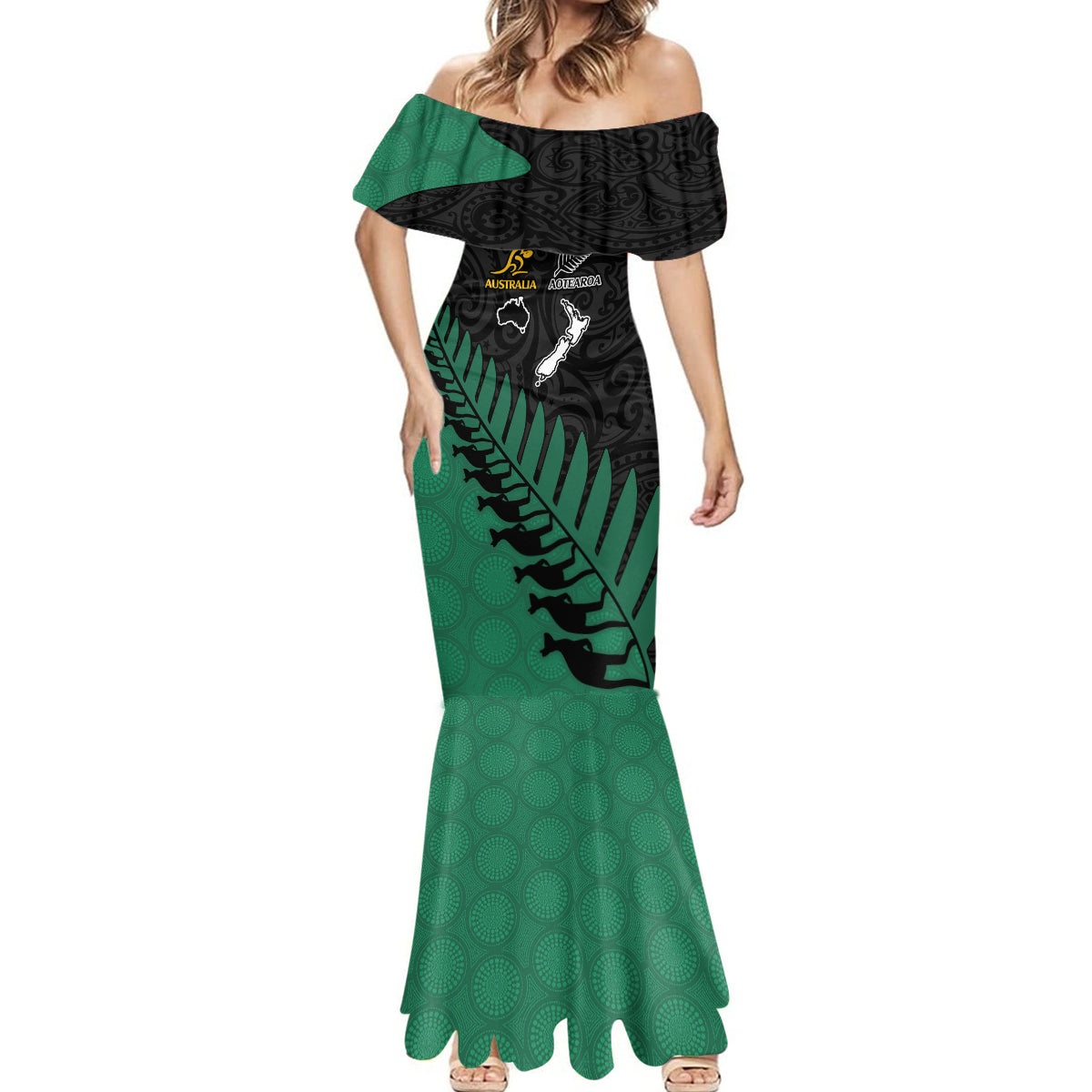 Australia Wallabies and Aotearoa Rugby Mermaid Dress Kangaroo Black Fern Maori Green Vibe - Wonder Print Shop