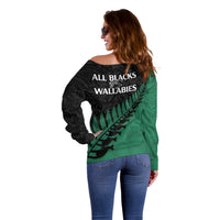 Australia Wallabies and Aotearoa Rugby Off Shoulder Sweater Kangaroo Black Fern Maori Green Vibe - Wonder Print Shop