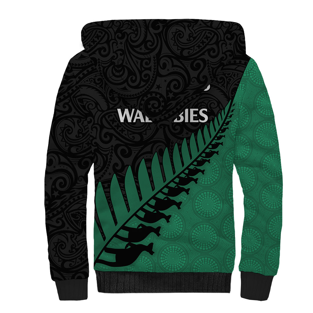 Australia Wallabies and Aotearoa Rugby Sherpa Hoodie Kangaroo Black Fern Maori Green Vibe - Wonder Print Shop